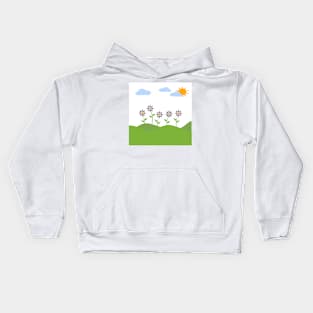 Hills, sky, sun, flowers and clouds depicting a scene of Spring Kids Hoodie